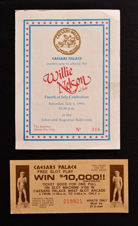 Willie Nelson 4th of July '81 Las Vegas Invitation: Inivitation and ticket to Willie Nelson 4th of July Celebration, Invitation No. 216. Caesar's Palace, Las Vegas, Saturday, July 4, 1981.