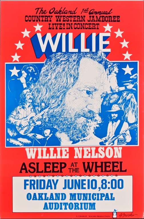Willie Nelson-Asleep At The Wheel Concert Poster: June 10, 1977, Oakland Municipal Auditorium. Original poster by Steve Brooks. Measures 11" x 17".
