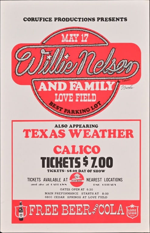 Willie Nelson And Family Love Field Concert Poster: May 17, 1976 Best parking lot. Art done by Steve Brooks.