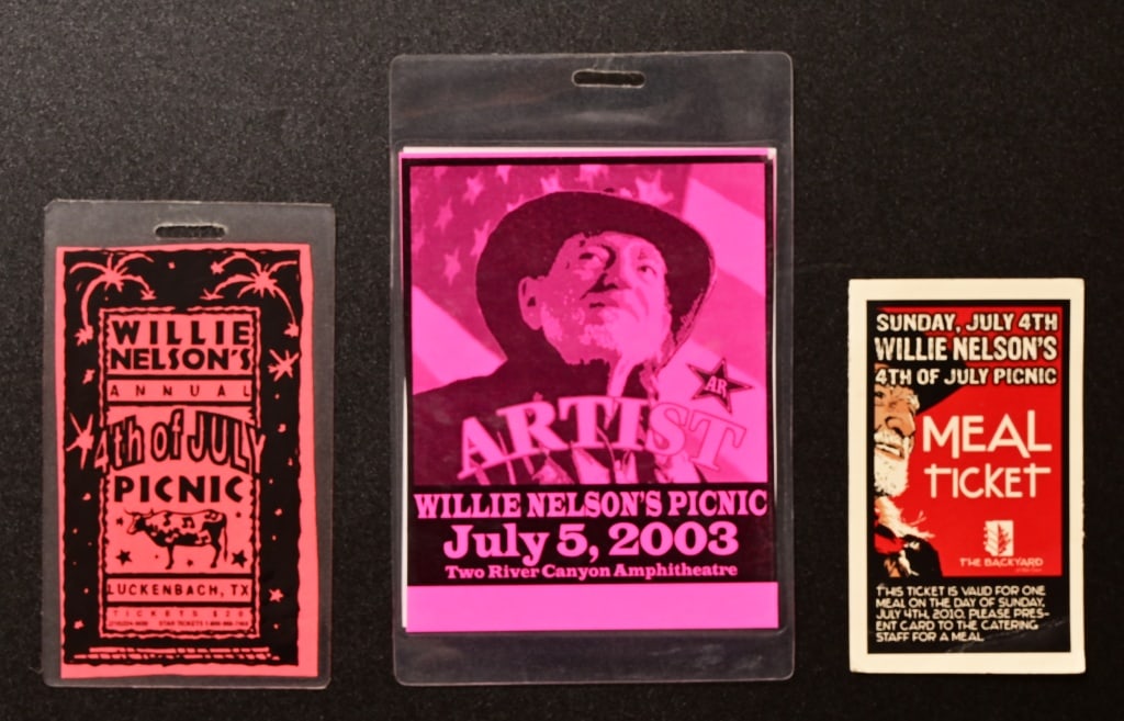 Willie Nelson's 4th of July VIP Pass & Memorabilia: Willie Nelson's personal VIP backstage credential pass for the 4th of July Picnic held at Luckenbach, and Two Rivers Canyon Amphitheatre. Includes meal ticket for the Pcnic held at The Backyard, Austi
