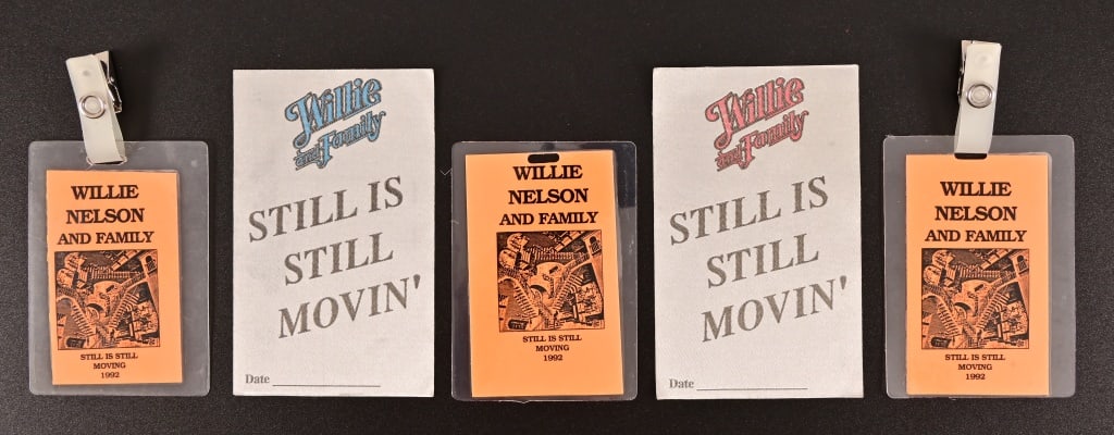 Willie Nelson & Family Tour VIP Backstage Passes: Five backstage passes to Willie Nelson and Family, "Still Is Still Moving" Tour, 1992. Included is one marked for Paul English, and Paul English Jr.
