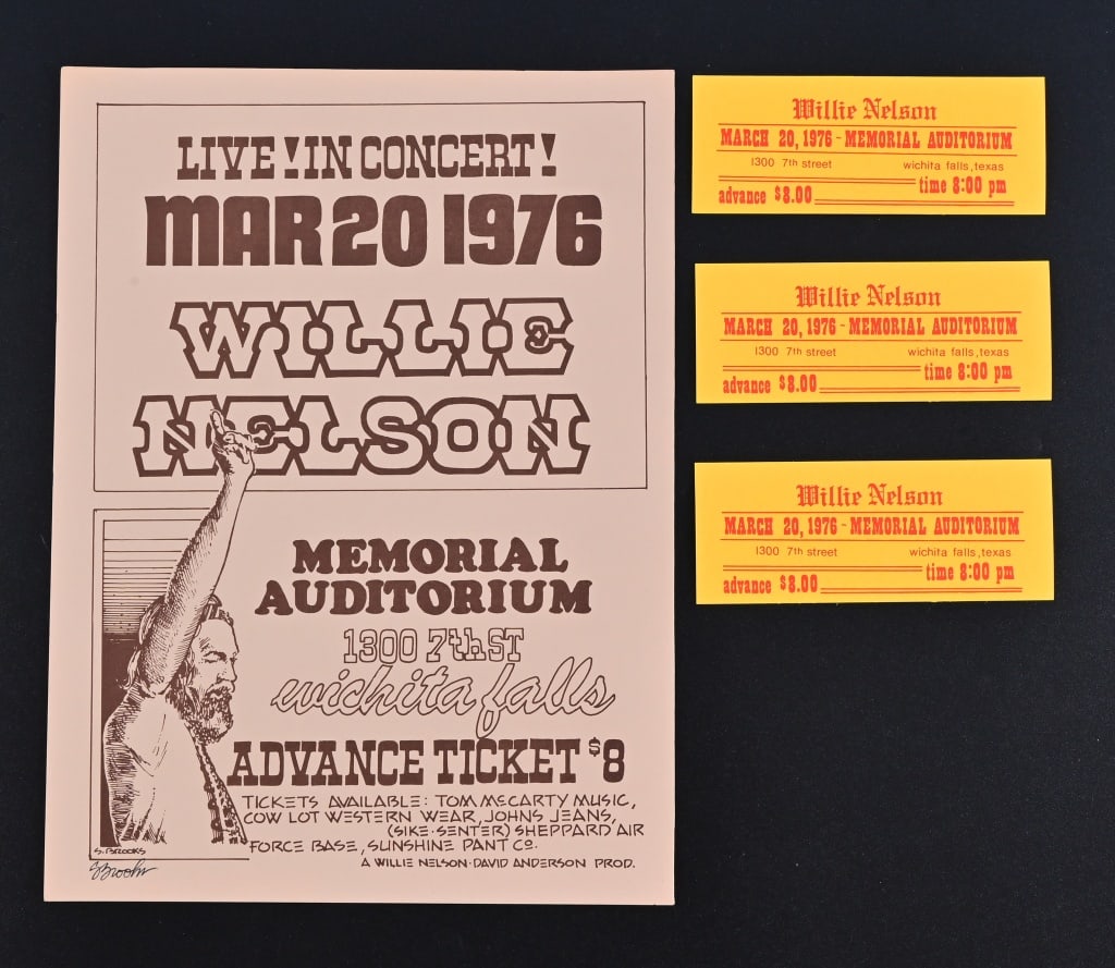 Willie Nelson 1976 Concert Poster and 3 Tickets: Concert poster for March 20, 1976, Memorial Auditorium, Wichita Falls show. Also comes with three (3) concert tickets. Poster art by Steve Brooks. Measures 9" x 11".
