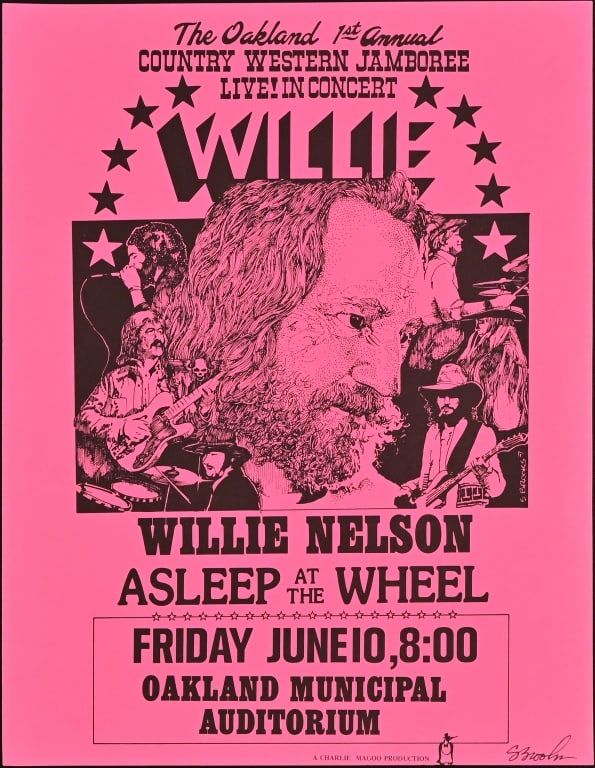 Willie Nelson-Asleep At The Wheel Handbill 1977: Handbill for June 10, 1977 concert at Oakland Municipal Auditorium. Poster art by Steve Brooks. Measures 8 1/2" x 11".