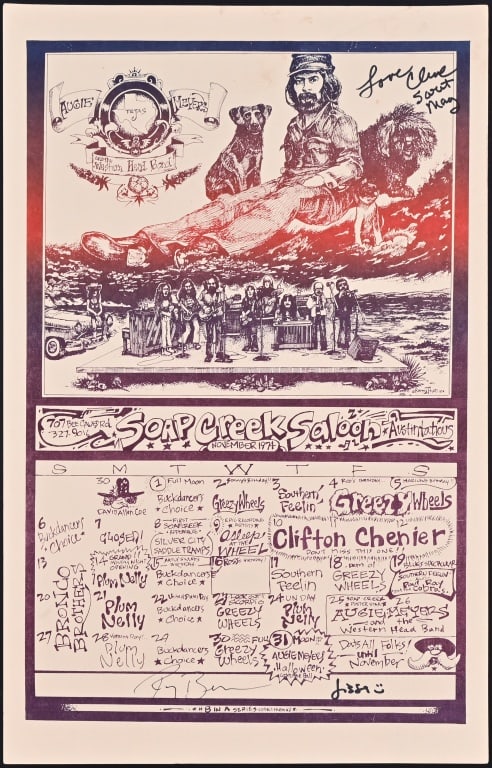 Soap Creek Saloon November 1974 Signed Calendar: Signed by Greezy Wheels and Ray Benson. Poster artwork by Kerry Awn 1974. No. 8 of the series. Measures 11" x 17".
