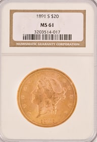 1891-S Liberty Head $20 Gold Coin NGC MS61