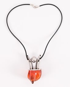 Vintage Amber & Silver Pendant Necklace