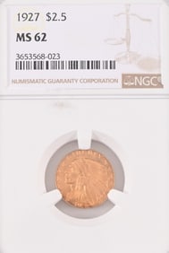 1927 Indian Head $2.5 Gold Coin NGC MS62