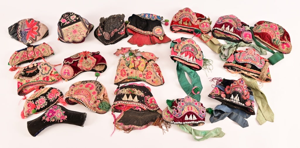 Collection of Antique Chinese Silk Embroidery Hats: 19 Pieces