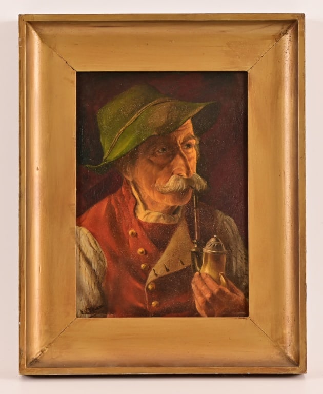 Fredden Goldberg Oil Painting on Board: Painting of gentleman in hat smoking a pipe. Signed lower LH corner. Image measures 9" x 13". Frame measures 14" x 17 3/4".