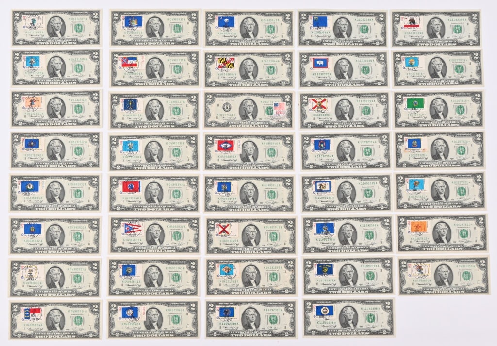 (39) $2 Bills Stamped Day Of Circulation: Two Books, some bills in serial number order.