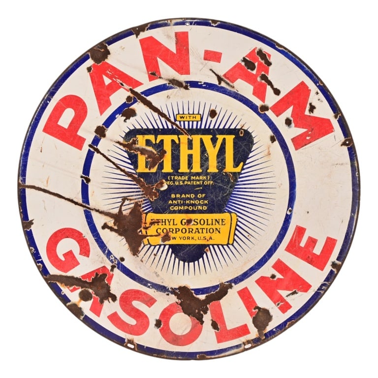 Pan-Am Gasoline Double-Sided Porcelain Sign: Diameter 30"
