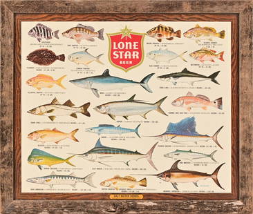 Lone Star Beer Saltwater Fish Cardboard Sign 1972: Framed. Frame measures 32 1/2" x 27 1/2".