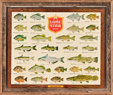 Lone Star Beer Freshwater Fish Cardboard Sign 1973: Framed. Frame measures 32 1/2" x 27 1/2".