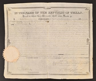 1845 Republic Texas Land Grant Anson Jones Signed