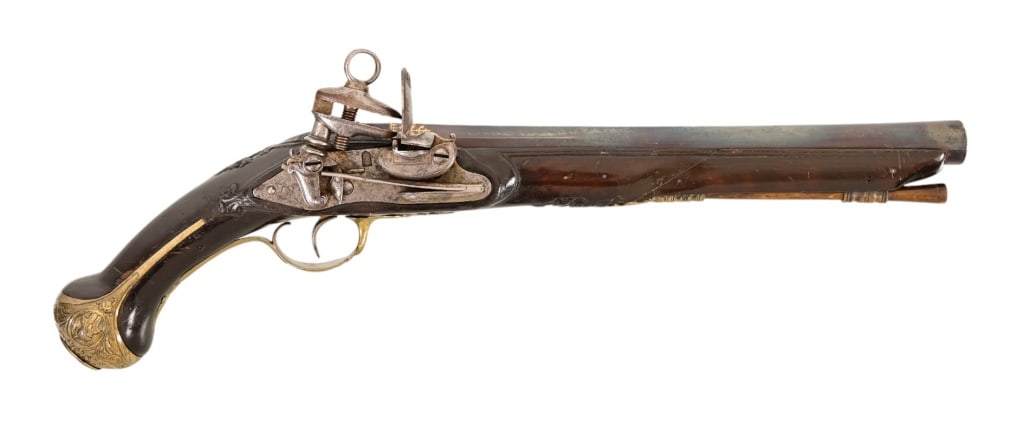Spanish 1789 Queen's Cavalry Miquelet Pistol: 1789 Model "Queen's Cavalry". .72 caliber with an 11" half round half octagon barrel with approximately 30% original blue. The barrel is gold inlaid "Regina. To DE CABALLa DE LA Reyna" with translates