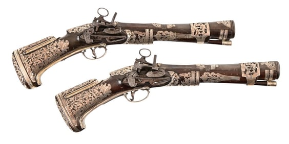 Pair of Mexican Silver-Mounted Miquelet Pistol