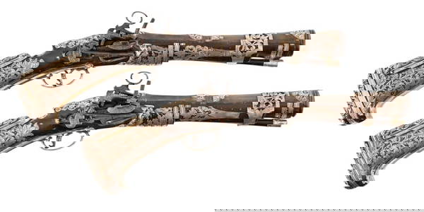 Pair of Mexican Silver-Mounted Miquelet Pistol
