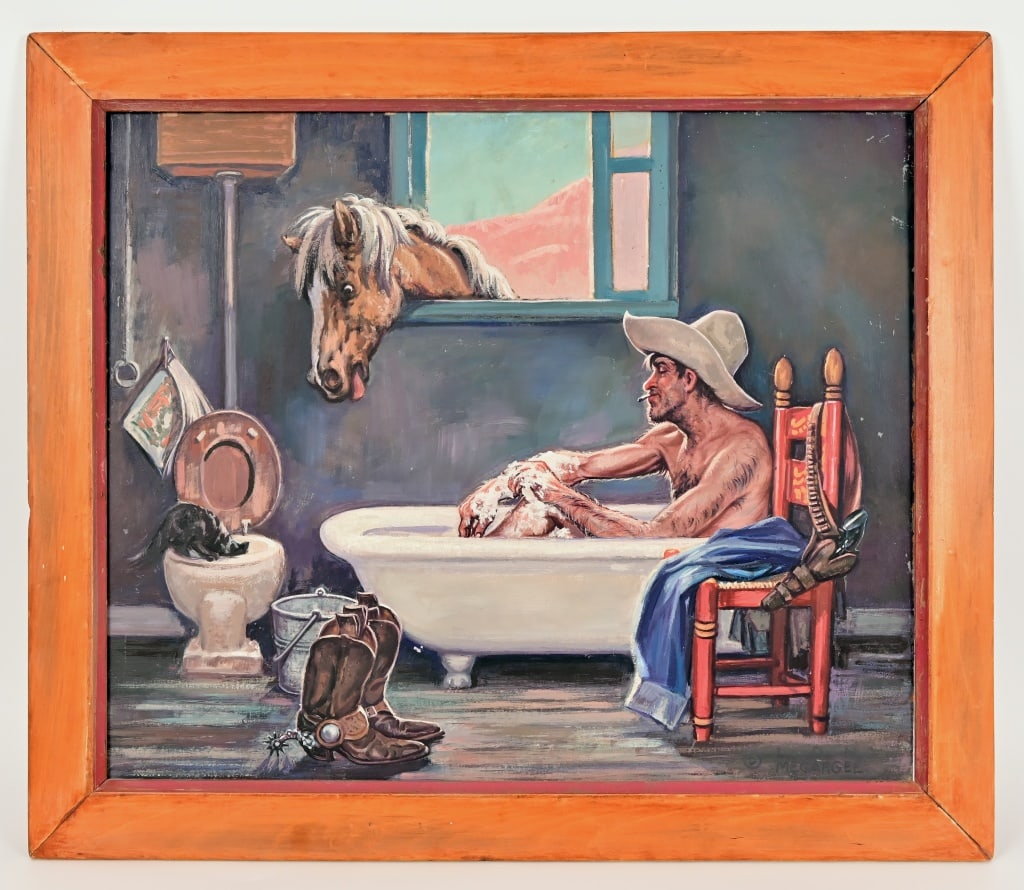Lon Megargee "Home On The Range"Original Painting: Original oil on board (20x24) painting by Lon Megargee, "Home On The Range" is one of the most iconic Western images. Signed bottom right by Megargee, Original 24x28 frame by artist, has handwritten C