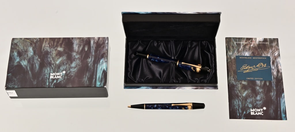 Montblanc Edgar A. Poe Limited Edition Pen Set: Montblanc Meistertuck Edgar Allan Poe Limited Edition Rollerball Pen. Excellent condition, No. 10992/15000. Montblanc Meisterstuck Edgar Allan Poe Limited Edition Fountain Pen. Gold plated 18K nib. Ex