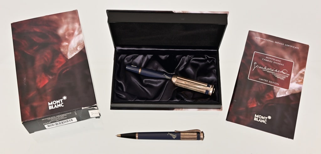 Montblanc Charles Dickens Limited Edition Pen Set: Montblanc Charles Dickens Limited Writer's Edition rollerball pen. No. 07404/16000. Very good condition, adorned with Sterling silver. Montblanc Charles Dickens 2001 Limited Writer's Edition Fountain 