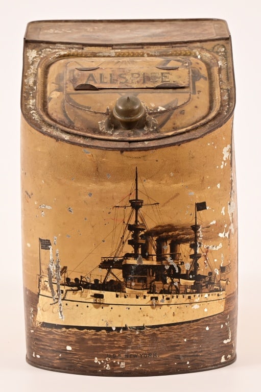 Allspice Tin Litho USS New York White Squadron: One of a series of spice tins produced depicting images of the U.S. Navy's White Squadron, circa 1930's. Measures 7" x 9" x 10" ,