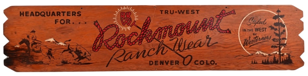 Rockmount Ranch Wear Painted Wood Sign: "Headquarters For Tru-West", Denver Colorado.16" x 72". Some damage at mid-top, unnoticeable when hung.