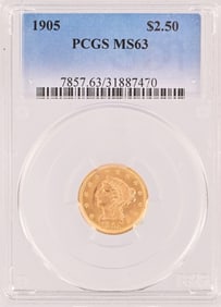 1905 Liberty Head $2.5 Gold Coin PCGS MS63