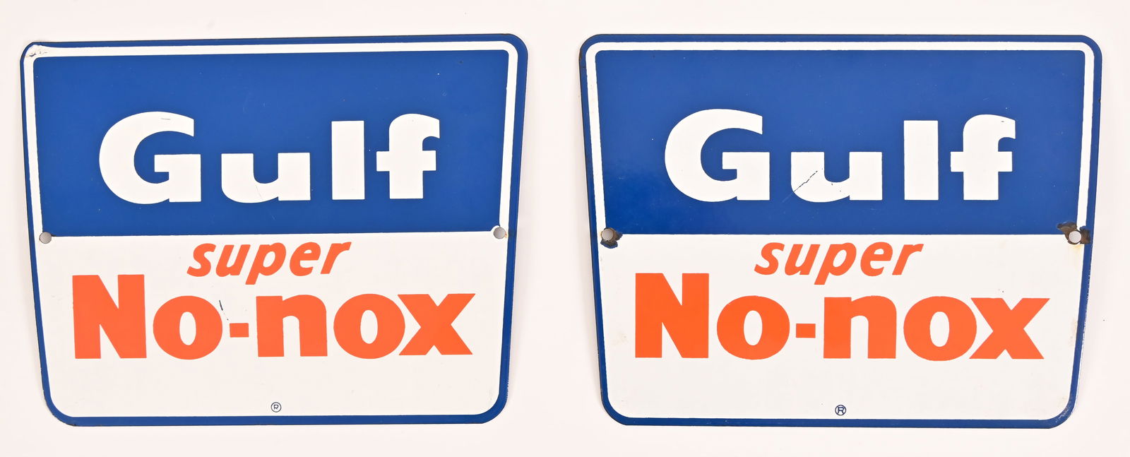 Gulf Gasoline Porcelain Pump Plate Signs: Super No-Nox" 8.5" x 11.25