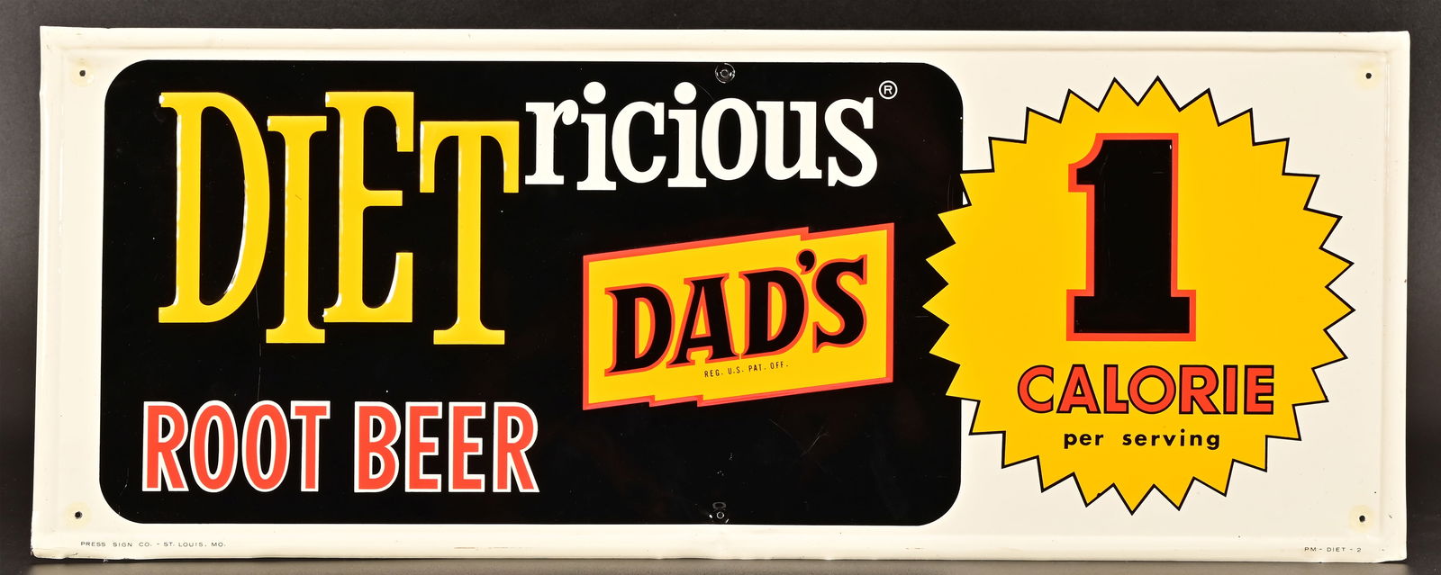 Dad's Diet Root Beer Embossed Tin Sign: Manufactured by Press Sign Co., St. Louis. Measures 12" x 31".