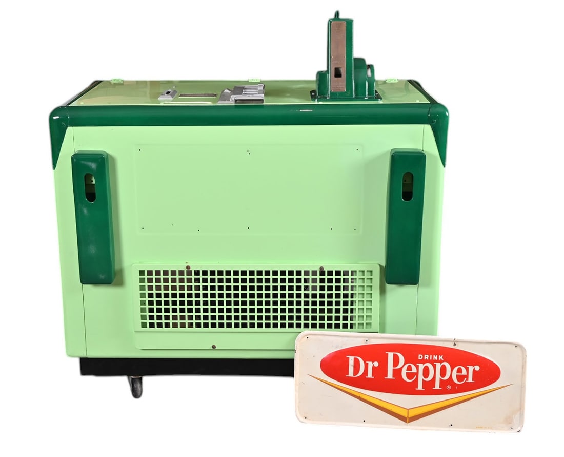 Dr. Pepper Coin-Op Bottle Vending Machine: Dr. Pepper Vending machine, recently restored, in good working condition, with exception bottle dispenser doesn't cycle. Measures 28" x 46" x 4 ft tall. with original sign.