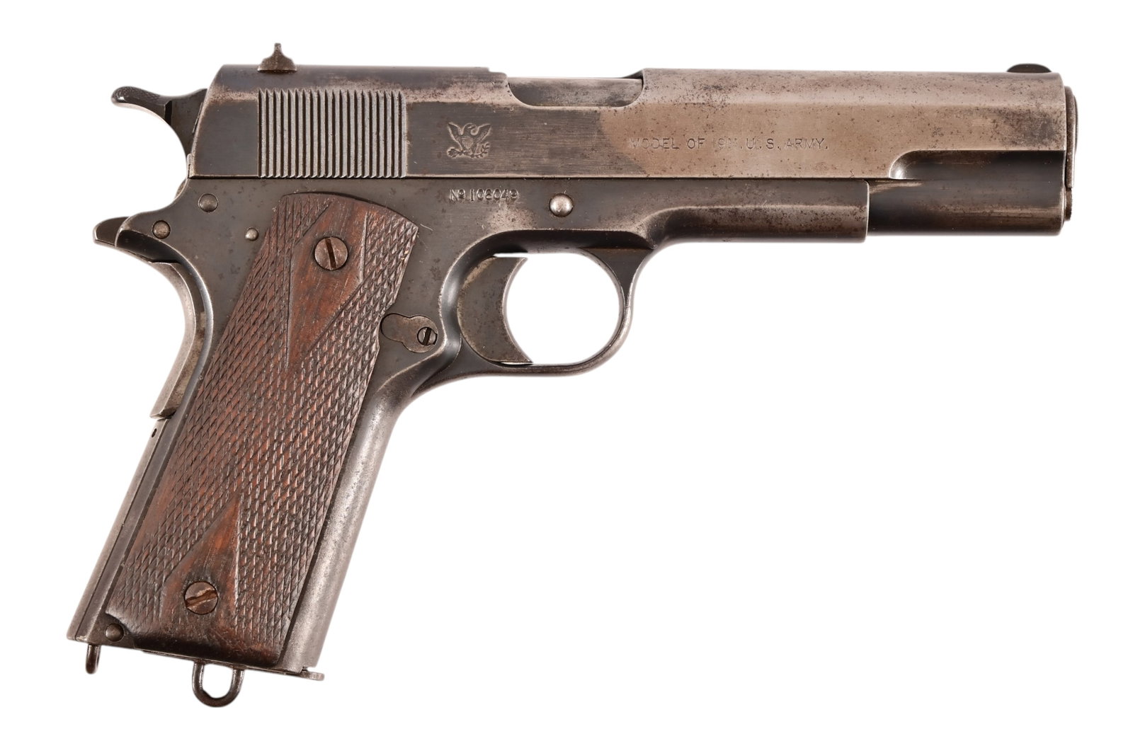 WW1 Springfield US Army M1911 Semi-Auto .45ACP: S/N 106049, Manufactured 1914. Very nice, early Springfield 1911. 5" barrel, bore is dark but with distinct rifling. The left side of the slide is marked “PATENTED APR.20,1897 / SEPT.9,1902. DEC.19,
