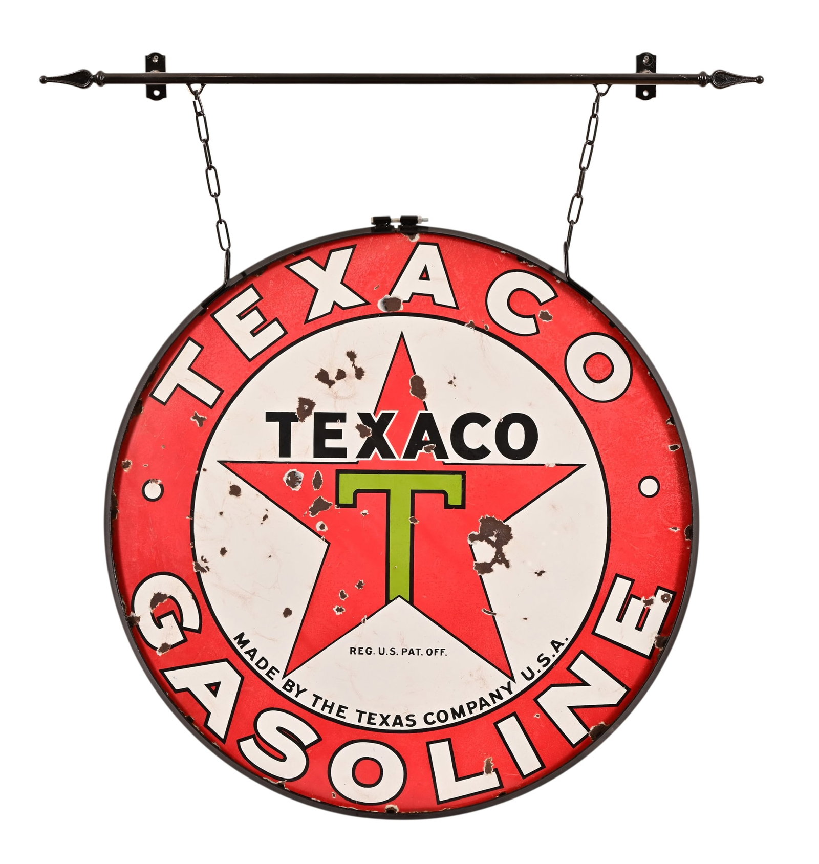 Texaco Gasoline Porcelain Station Sign: Single-sided with custom iron wall hanger. 42" diameter, beauty ring has been refinished.
