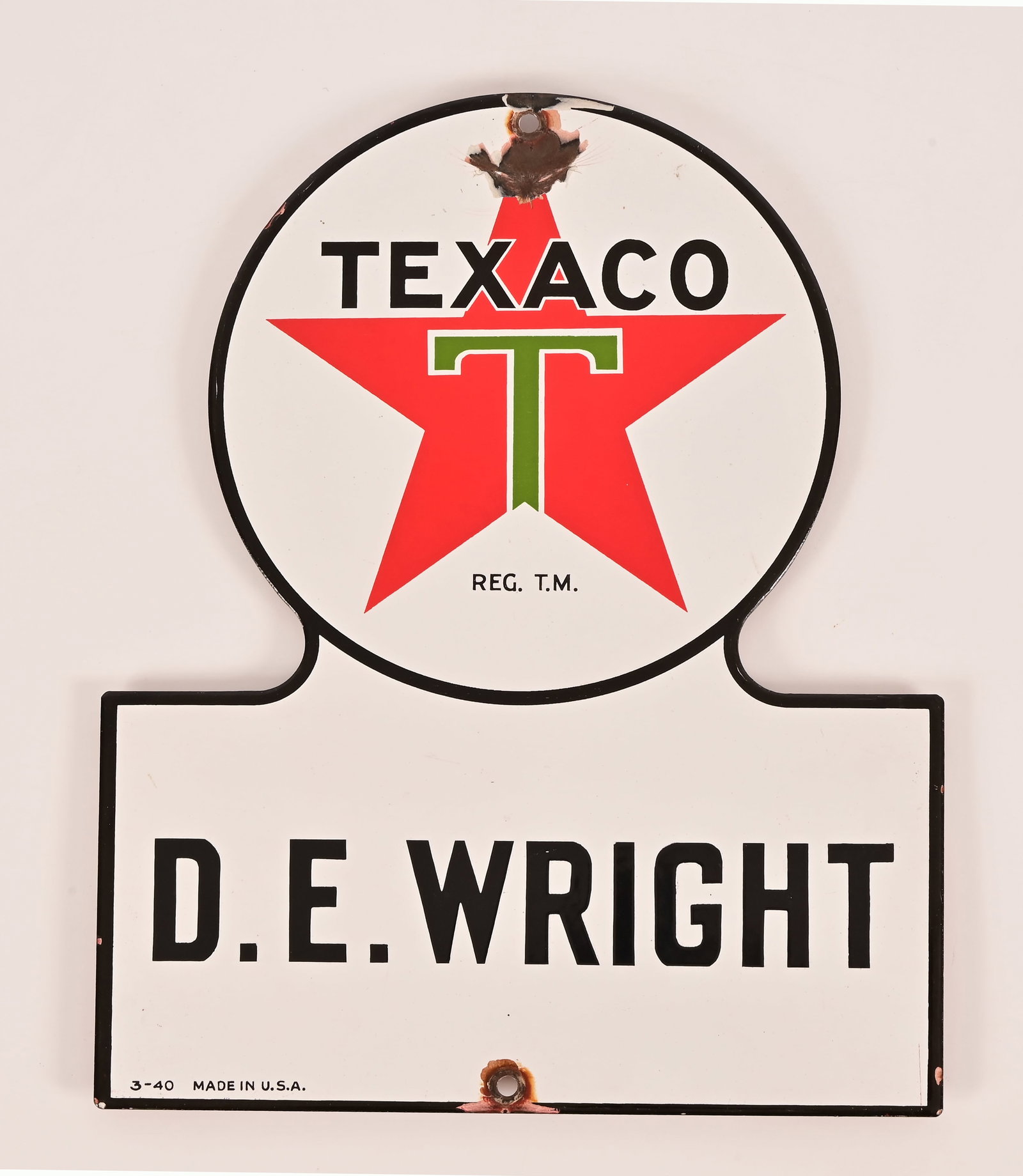 Texaco Porcelain Keyhole Truck Sign: "D.E.Wright". Measures 10.75" x 13.25", dated 3-40.