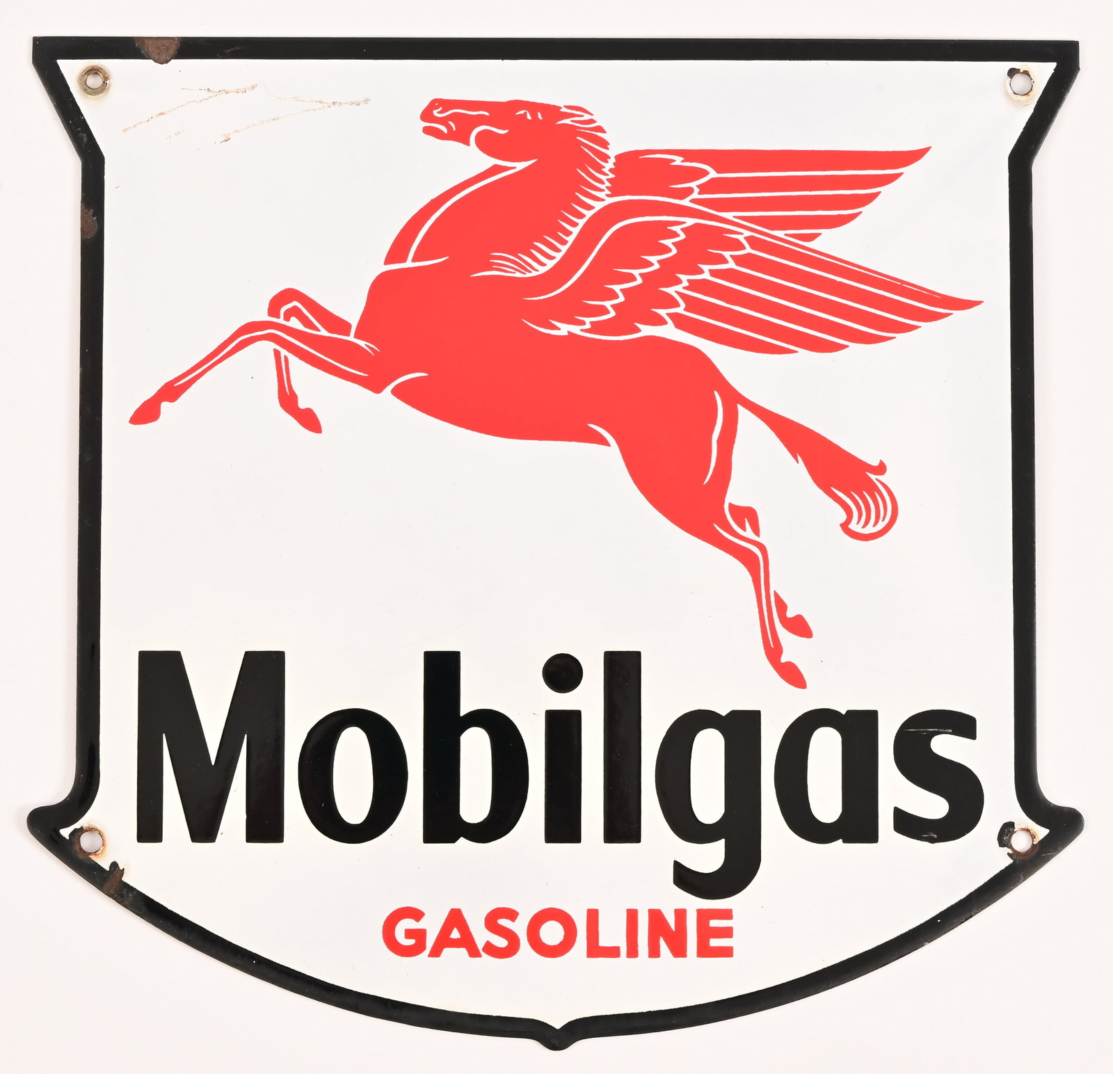 Mobilgas Pegasus Porcelain Gas Pump Plate: Black border measures 11.5" x 12",