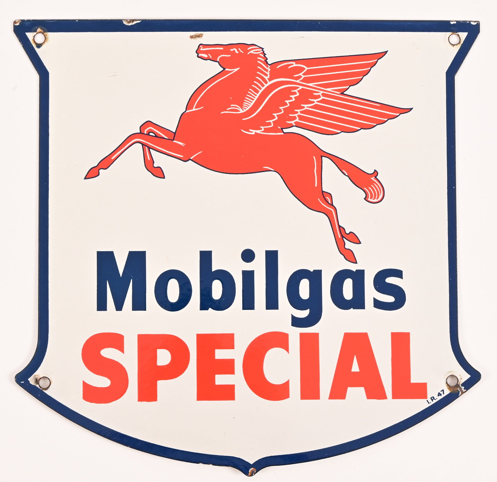 Mobilgas Special Porcelain Gas Pump Plate c.1947: Mobilgas Special dated '47, measures 12" x 12"