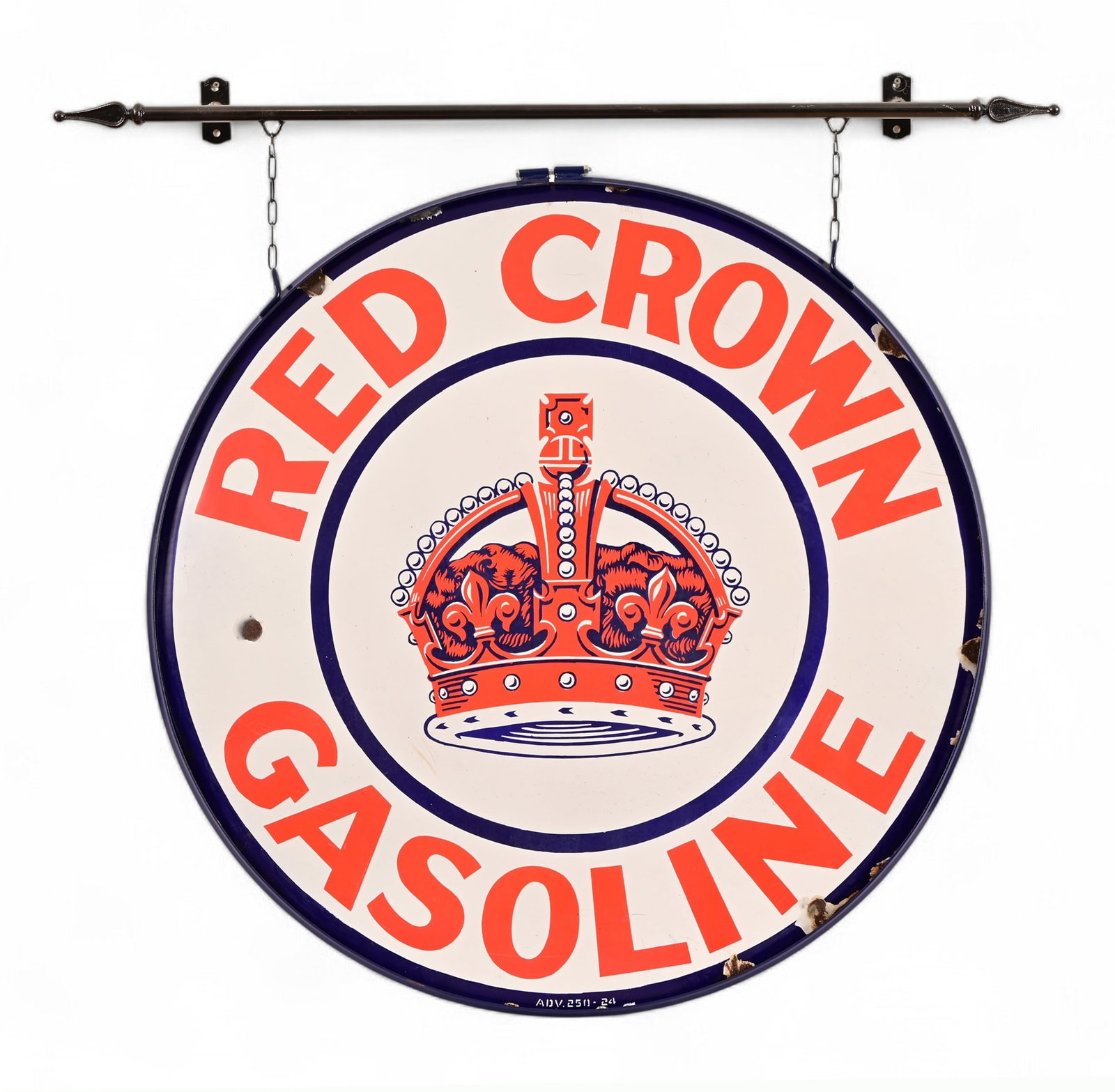 Red Crown Gasoline Porcelain Station Sign: Single-sided with custom iron wall hanger. 42" diameter, beauty ring has been refinished.