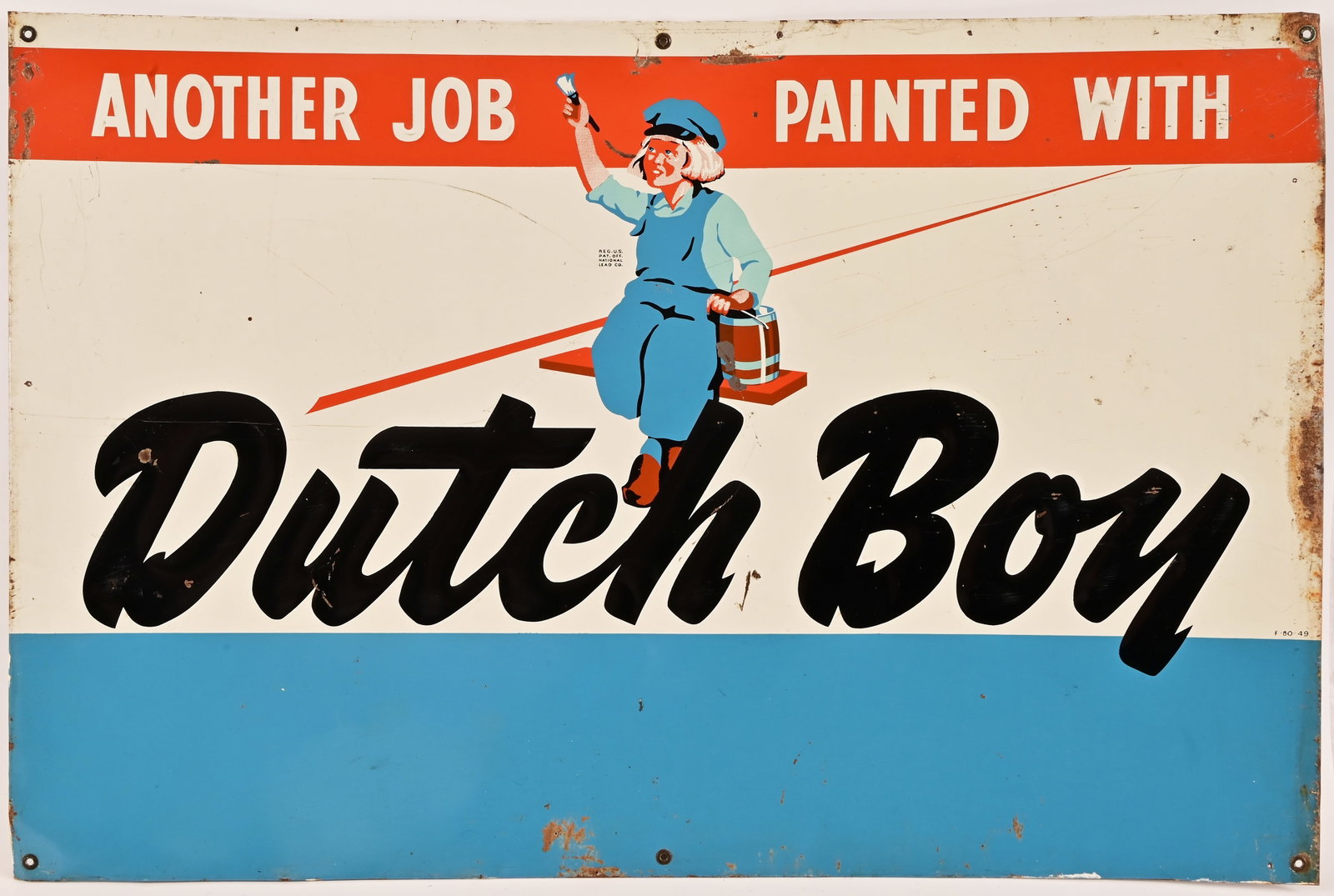 Dutch Boy Paints Embossed Tin Sign c.1949: Another Job Painted With Dutch Boy" embossed tin sign, 23.5" x 35