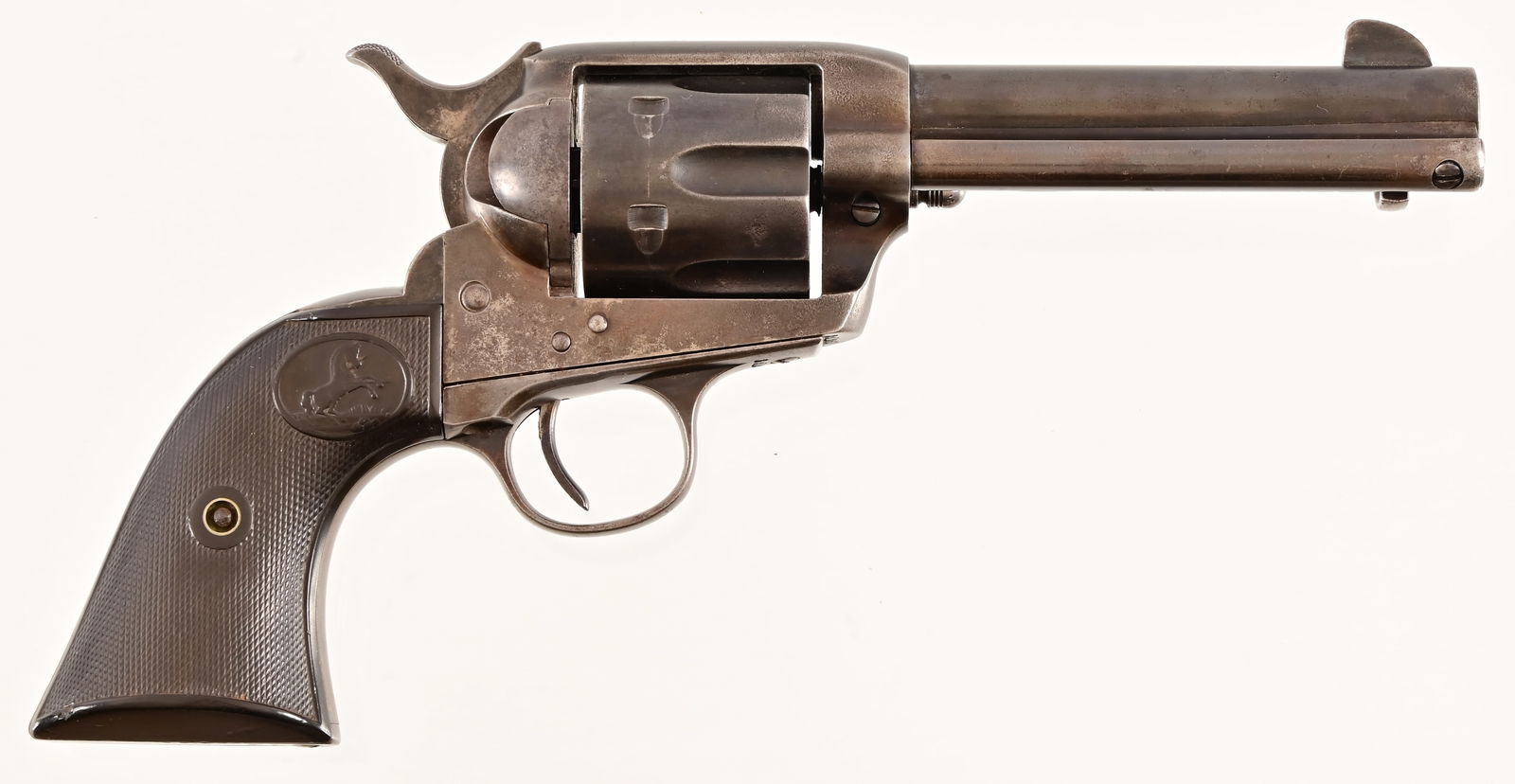 Colt Single Action Army Revolver .38 WCF: S/N 321360, Manufactured by Colt in 1912. Blued finish, 5.75" barrel, Rampant Colt checkered rubber grips. Numbers matching SAA, with exception of a replaced loading gate. Great action and lockup, dec