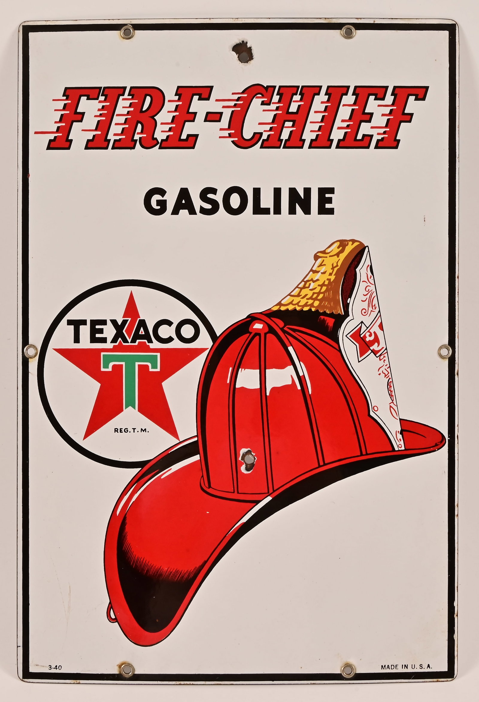Texaco Fire Chief Gasoline Porcelain Pump Sign: Date code 3-40. Measures 12" x 18"