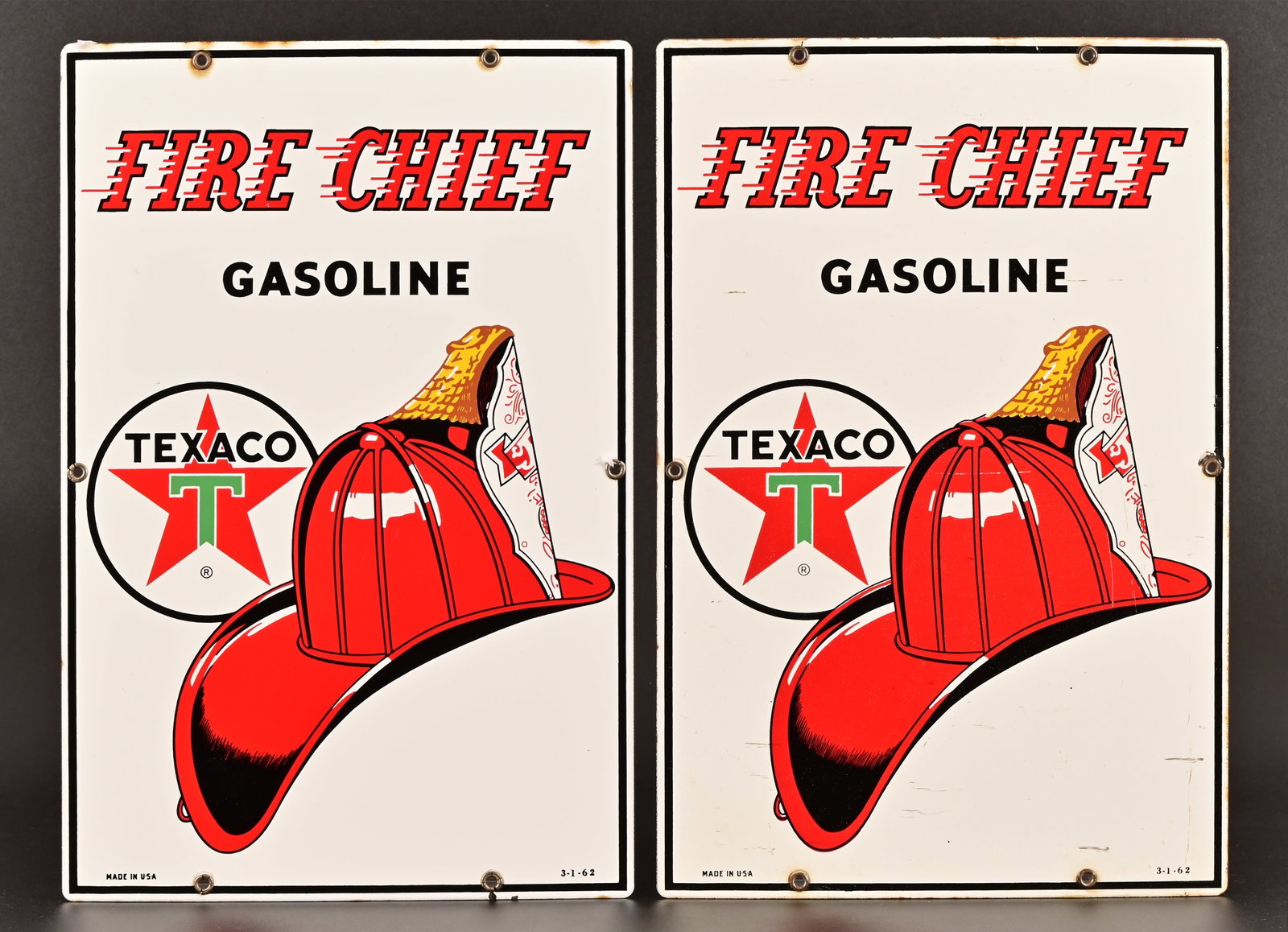 (2) Texaco Fire Chief Porcelain Gas Pump Plates: Twin, same-day manufactured. Both measure 12x18, and both dated 3-1-62