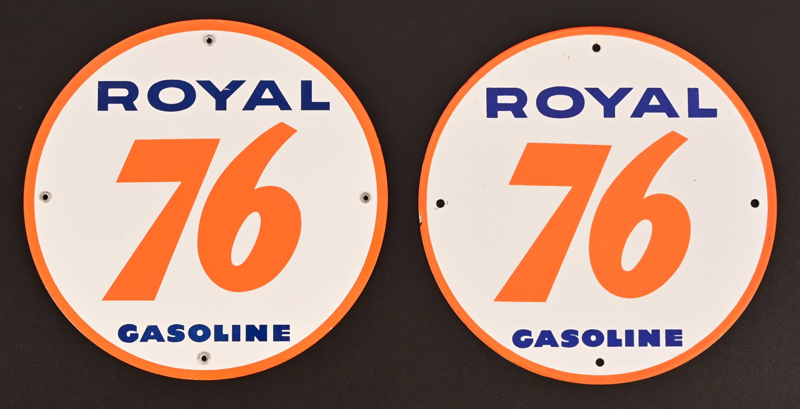 (2) Union 76 Royal Gasoline Porcelain Pump Plates: Both 11.5" diameter.