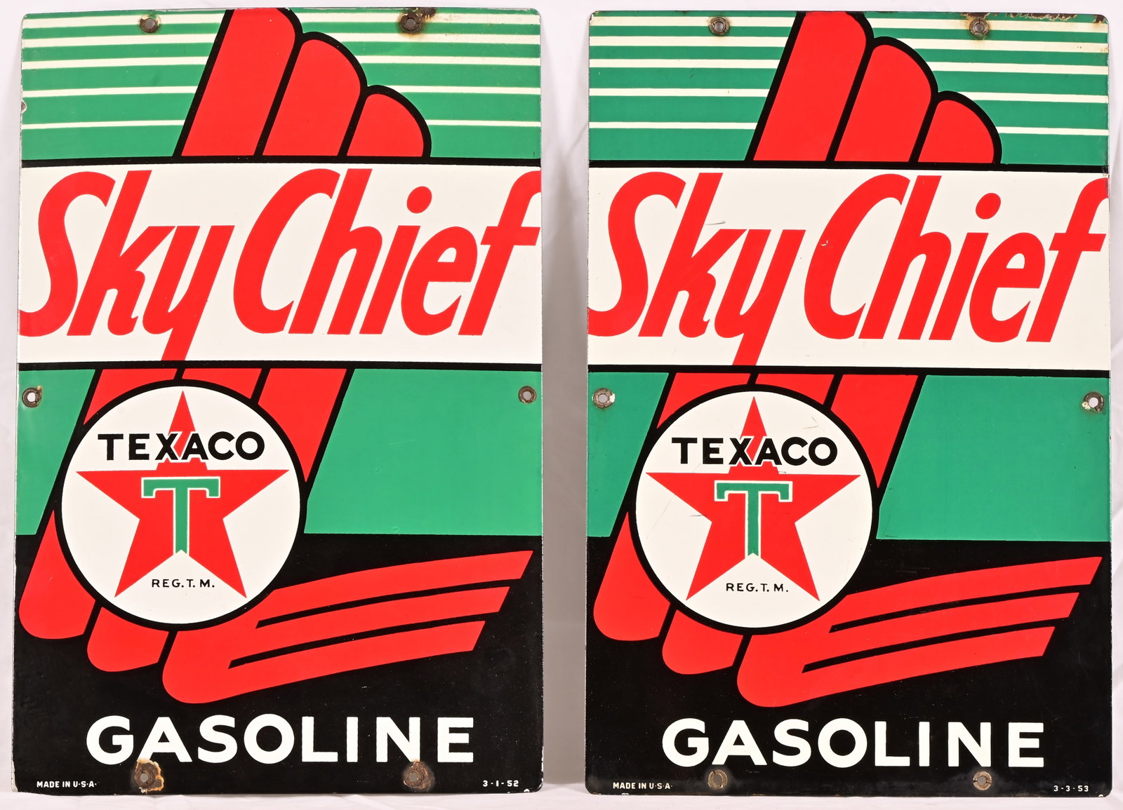 (2) Texaco Sky-Chief Porcelain Pump Plates: Both measure 12x18, dated 3-1-52 and 3-3-53