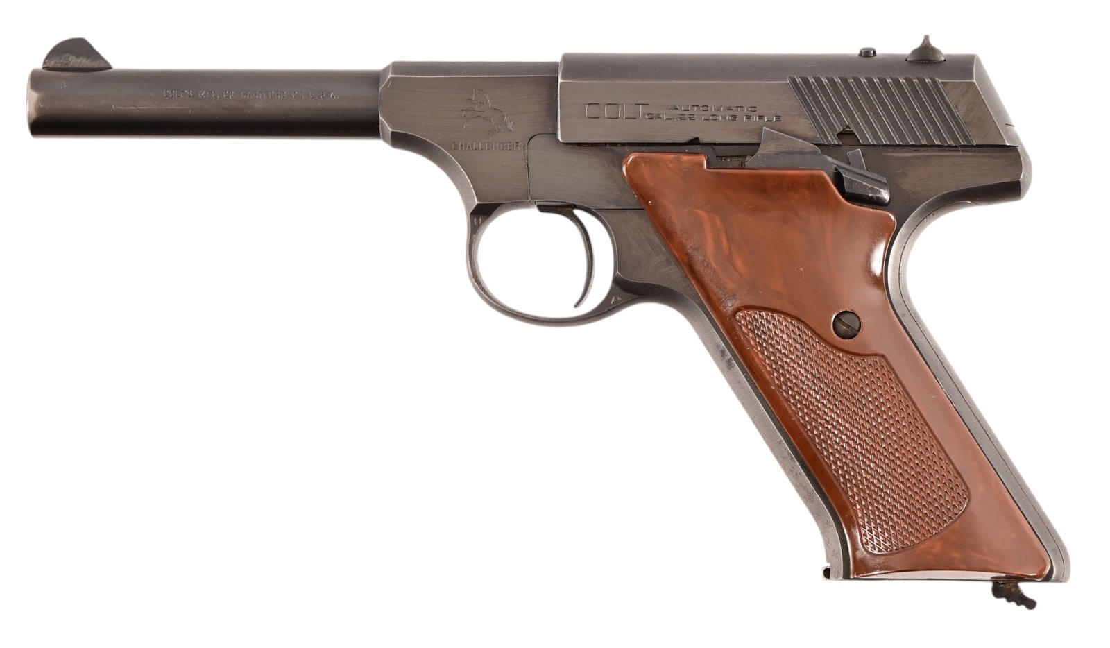 Colt Challenger Semi-Auto .22LR Pistol: S/N 17378-C, Manufactured in 1950. 4.5" barrel, good bore. Appears firing pin or spring is broken as action will cycle but not fire. Blued finish with loss to right barrel side. Colt checkered Bakelit
