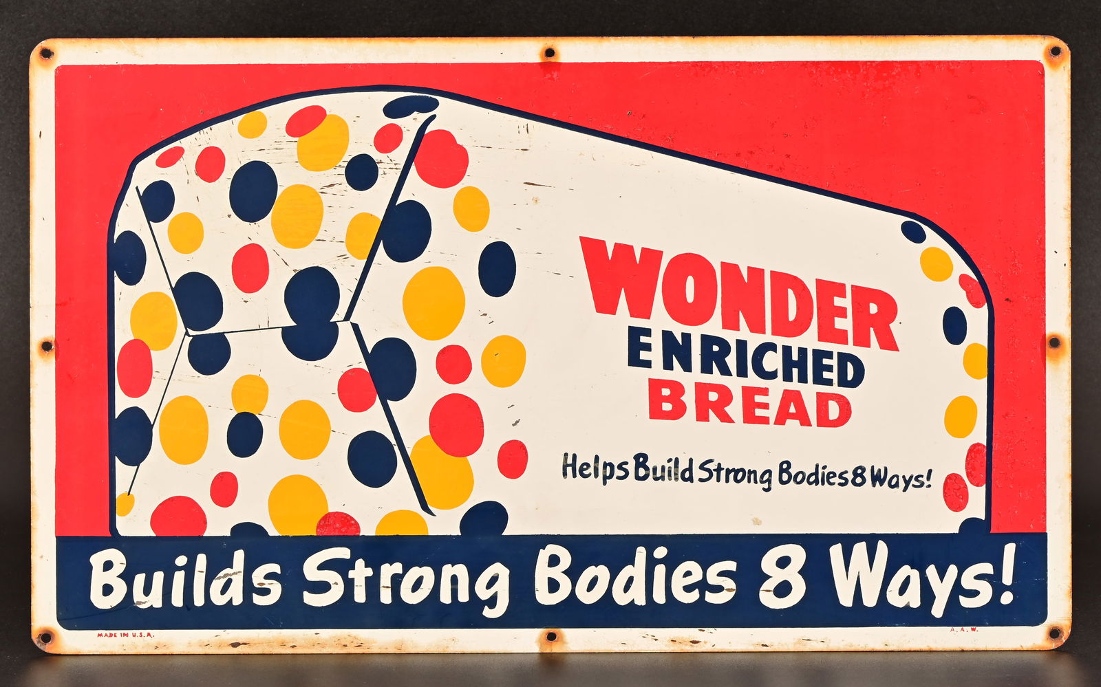Wonder Bread Vintage Tin Sign: Does have some creasing that is not outright noticeable. Measures 12.5" x 20"
