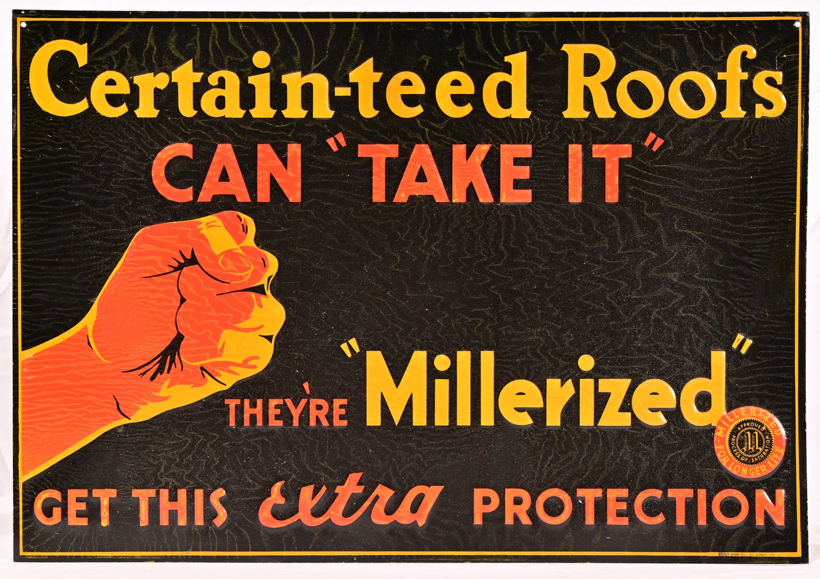 Millerized Roofs Embossed Tin Sign: Manufactured by Stout Sign Co., 13.5" x 19.5"