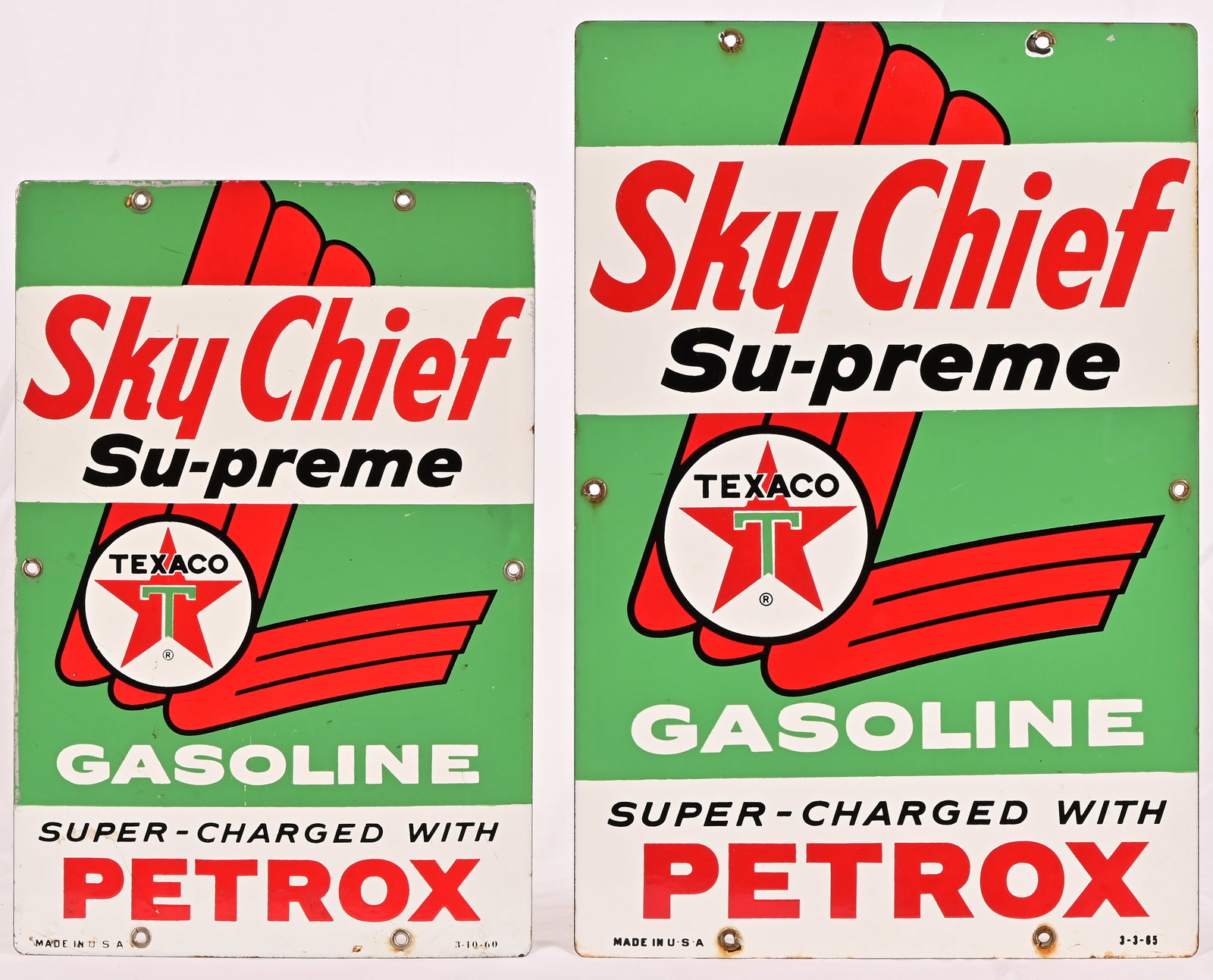 (2) Texaco Sky-Chief Supreme Porcelain Pump Plates: Smaller (10x15) dated 3-10-60, Larger (12x18) dated 3-3-65