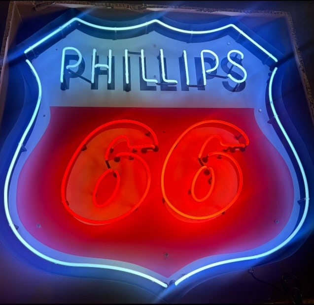 Phillips 66 Neon Sign: Contemporary 48” neon over printed metal.