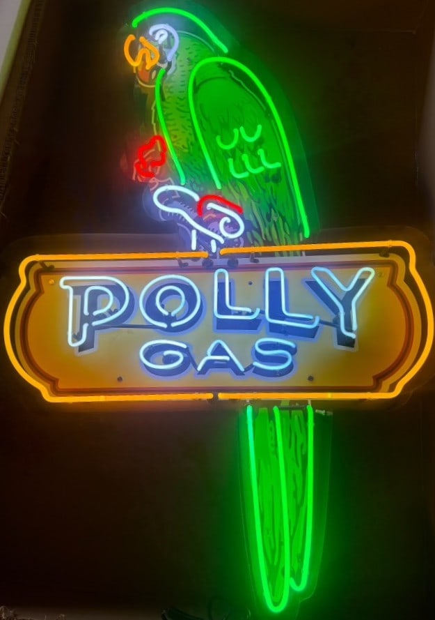 Polly Gas Neon Sign: Contemporary 48” neon over printed metal.
