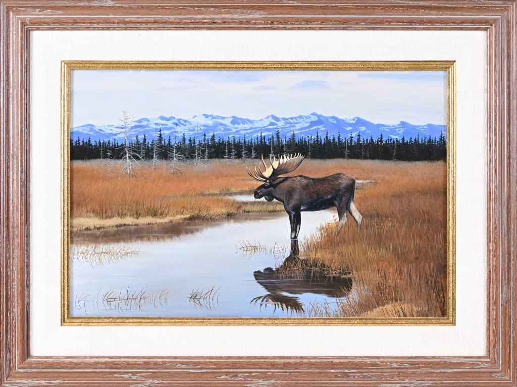 Jim McGee Original Moose Oil Painting: Framed oil on board. Moose standing in lake with mountains in background. Frame measures 32" x 24". Painting measures 24" x 16".
