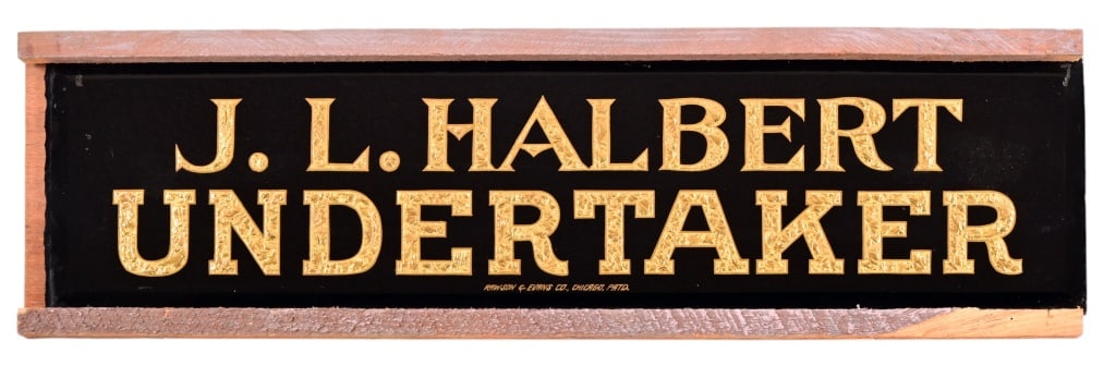 Early 1900's Reversed-Glass Undertaker Sign: Rawson & Evans, Chicago, reversed-glass Undertaker sign. Beveled glass, with ornate gold foil lettering. John Albert operated an undertaking business in Ironton, Missouri from 1878 to 1921. Measures 9
